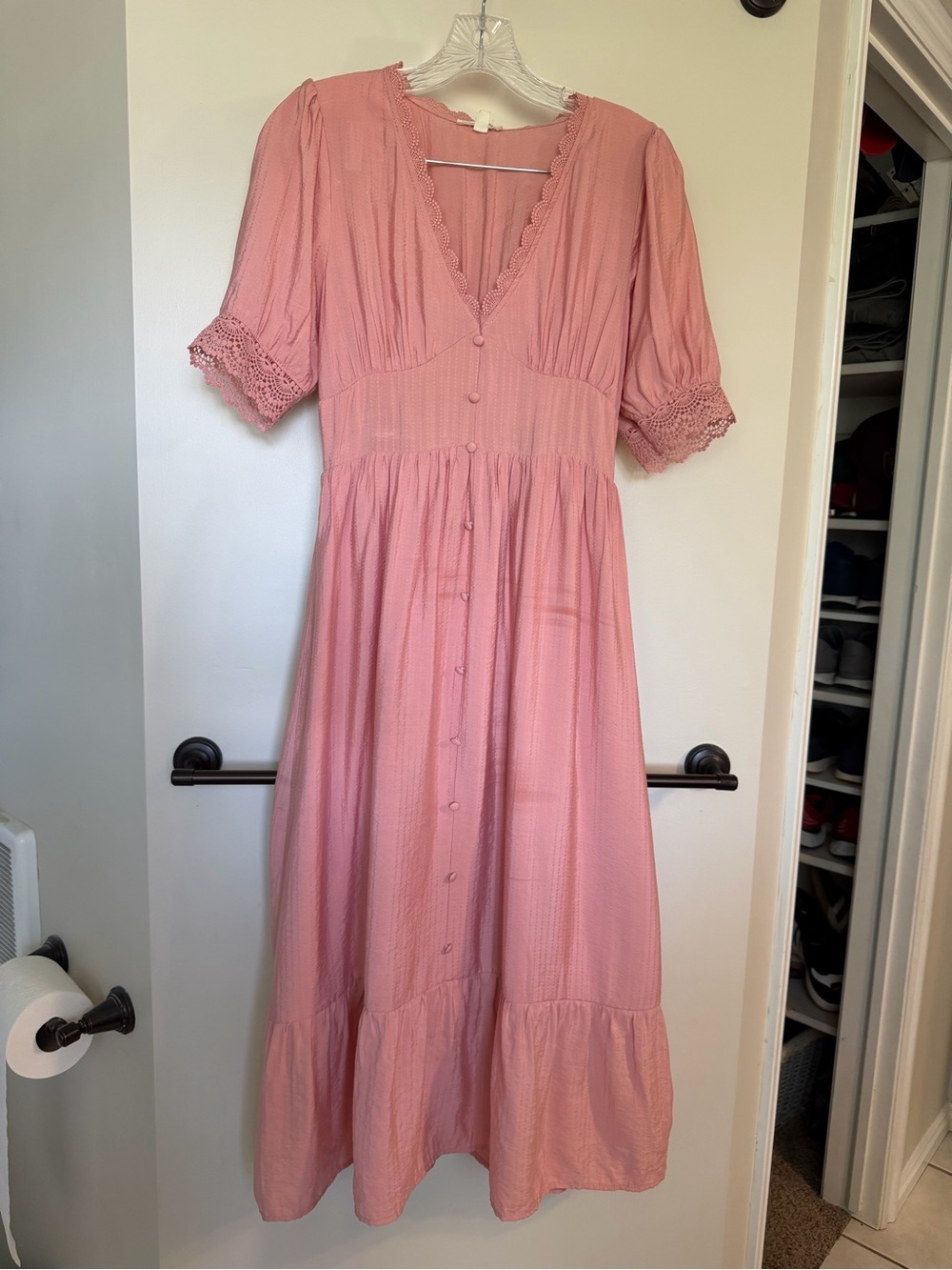 Blush Pink Button-Front Midi Dress with Lace-Trim Puff Sleeves